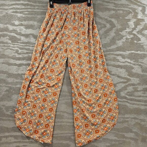 Free Shipping! Smocked Waist SZ S Slit Palazzo Leg Round Hem Printed Boho Pants - Picture 6 of 11